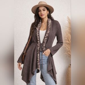 I.D.O La Vie | Long Brown Cardigan with Real Rabbit Fur Detail & String, Size L